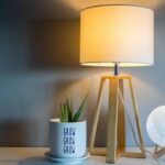 brown and white table lamp with light