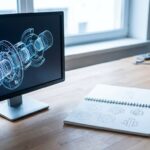 Bildschirm mit einer technischen 3D-Konstruktion und Skizzenblock daneben