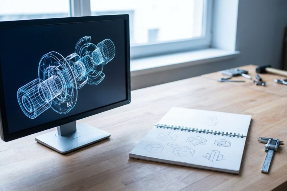 Bildschirm mit einer technischen 3D-Konstruktion und Skizzenblock daneben