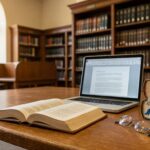 Aufgeschlagene Gesetzbücher und Laptop auf einem Schreibtisch