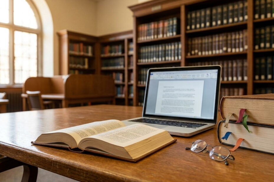 Aufgeschlagene Gesetzbücher und Laptop auf einem Schreibtisch
